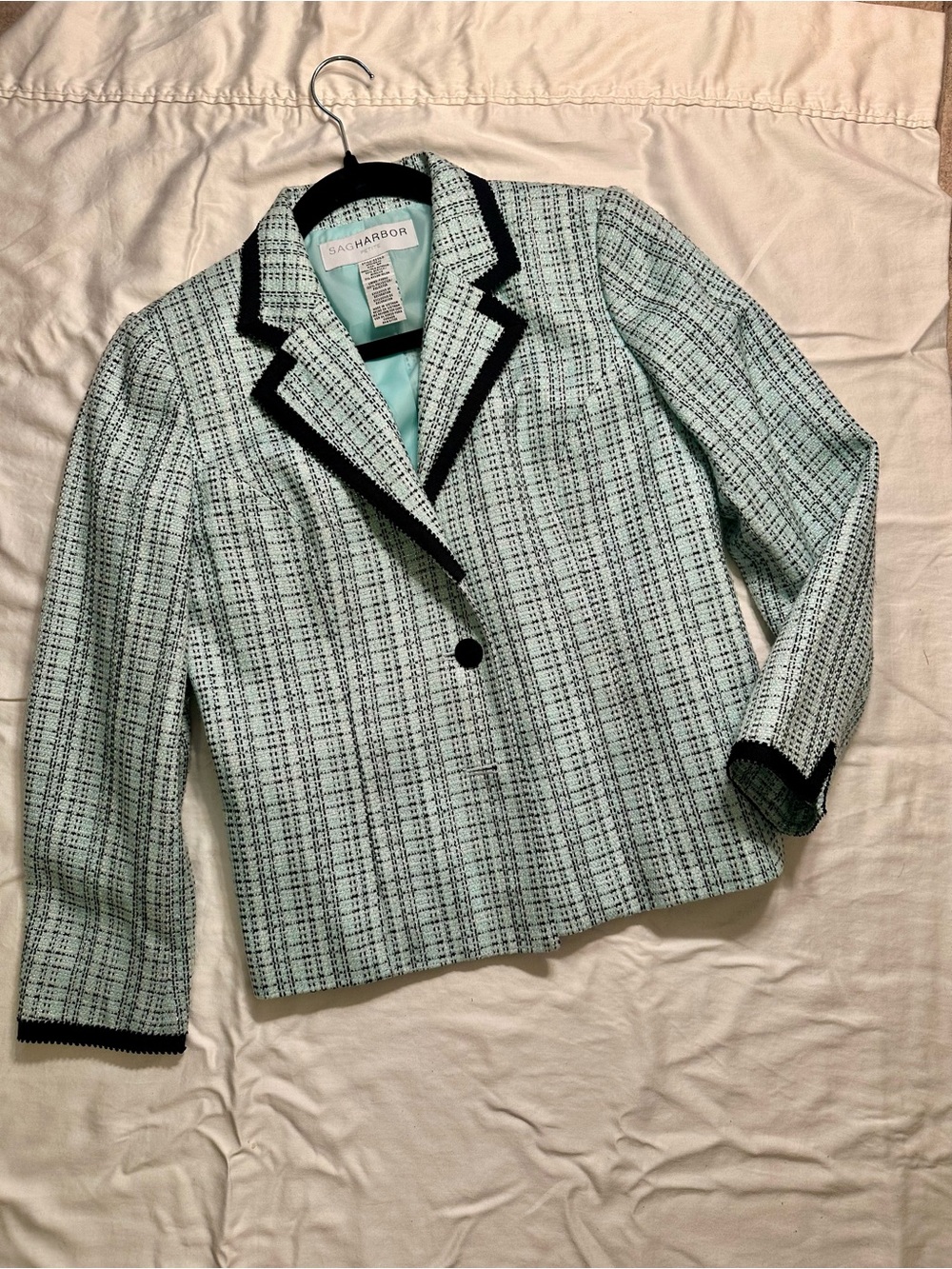 Sag Harbor Mint Plaid Tweed Blazer with Black Trim